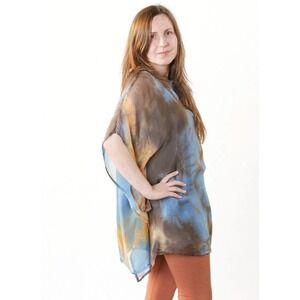 Bryn Walker Womens Large 100% Silk Tie Dye Kaftan Tunic Top Rust Grey Sheer USA
